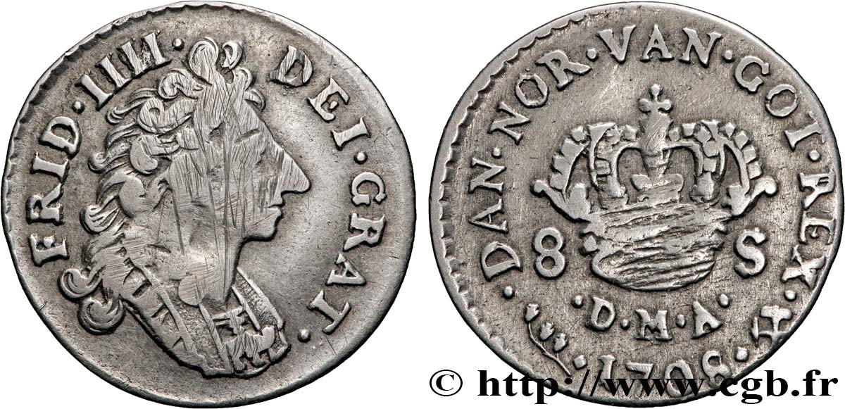 DINAMARCA 8 Skilling monogramme du Roi Frédéric IV 1708 Konsberg MBC
