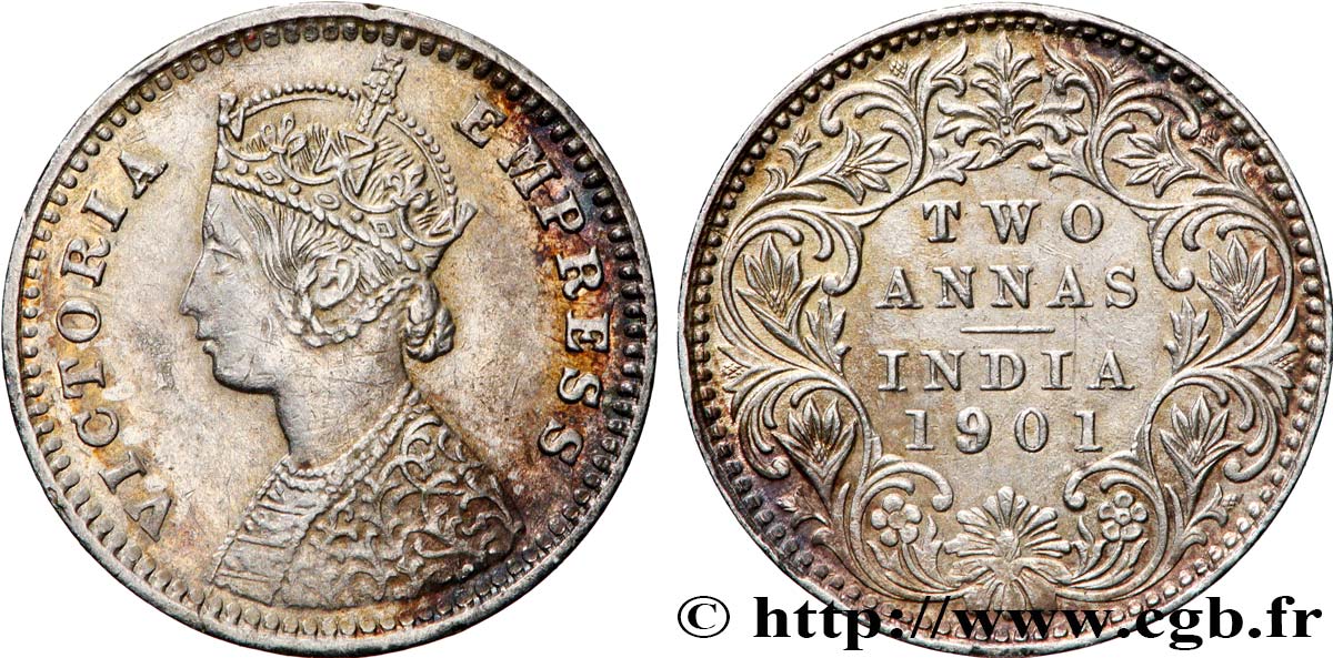INDES BRITANNIQUES 2 Annas Victoria 1901 Calcutta SUP