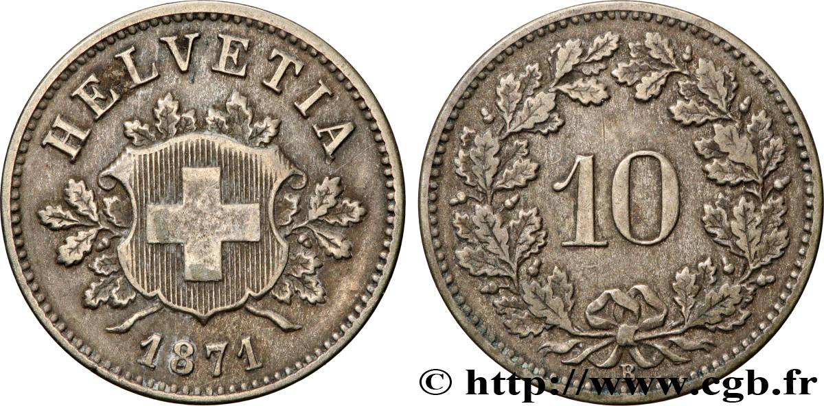 SWITZERLAND 10 Centimes (Rappen) croix suisse 1871 Berne - B XF