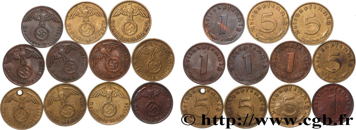 GERMANY Lot 11 pièces de 1 et 5 Reichspfennig divers aigle surmontant une swastika 1937-1940 Atelier Divers XF