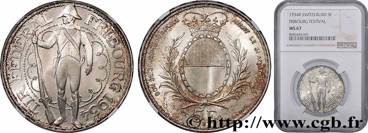 SCHWEIZ 5 Francs, monnaie de Tir, Fribourg 1934 Le Locle ST67 NGC