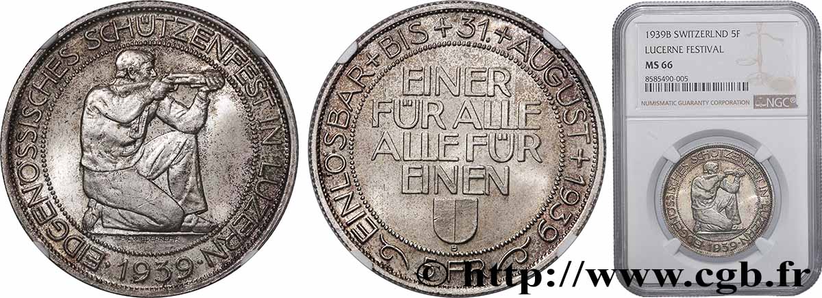 SCHWEIZ 5 Francs Tir de Lucerne (Luzern) 1939 Berne ST66 NGC