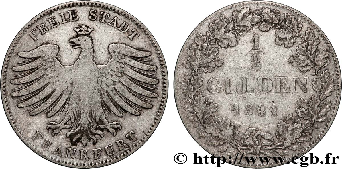 GERMANY - FREE CITY OF FRANKFURT 1/2 Gulden aigle 1841 VF
