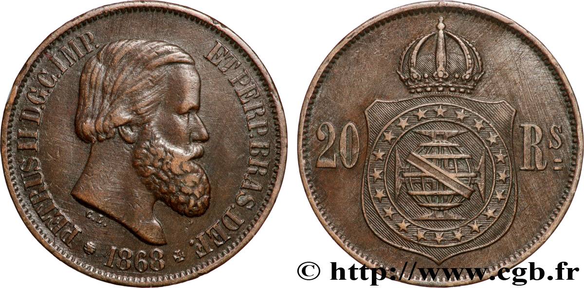 BRAZIL 20 Réis Empereur Pierre II 1868 Rio de Janeiro AU