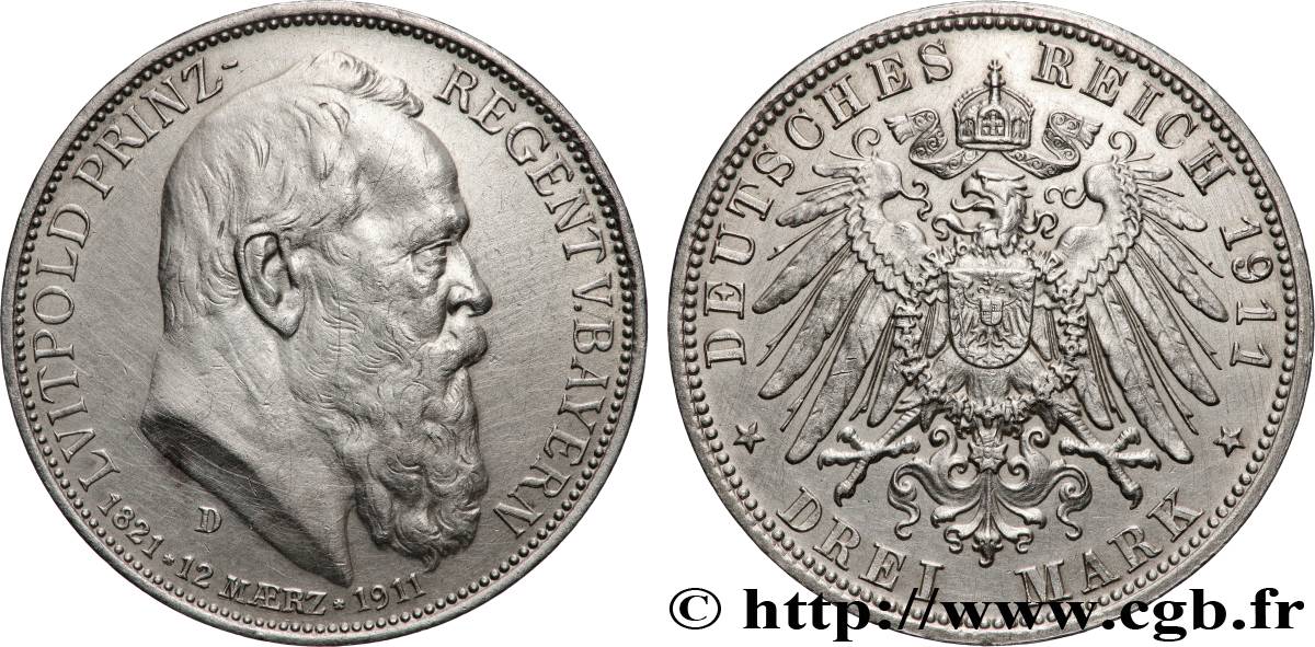 DEUTSCHLAND - BAYERN 3 Mark régent Léopold  1911 Munich  fVZ
