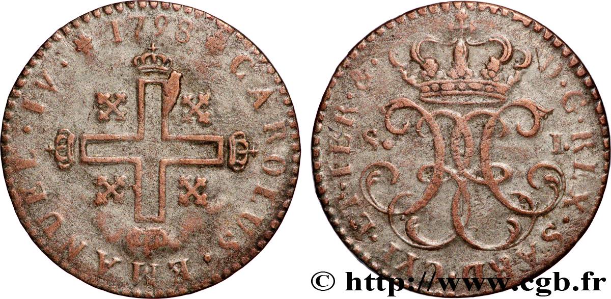 ITALIE - SAVOIE - DUCHÉ DE SAVOIE - CHARLES-EMMANUEL IV Sol (soldo) 1798 Turin SS