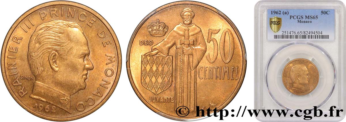 MONACO 50 Centimes prince Rainier III de Monaco 1962 Paris FDC65 PCGS