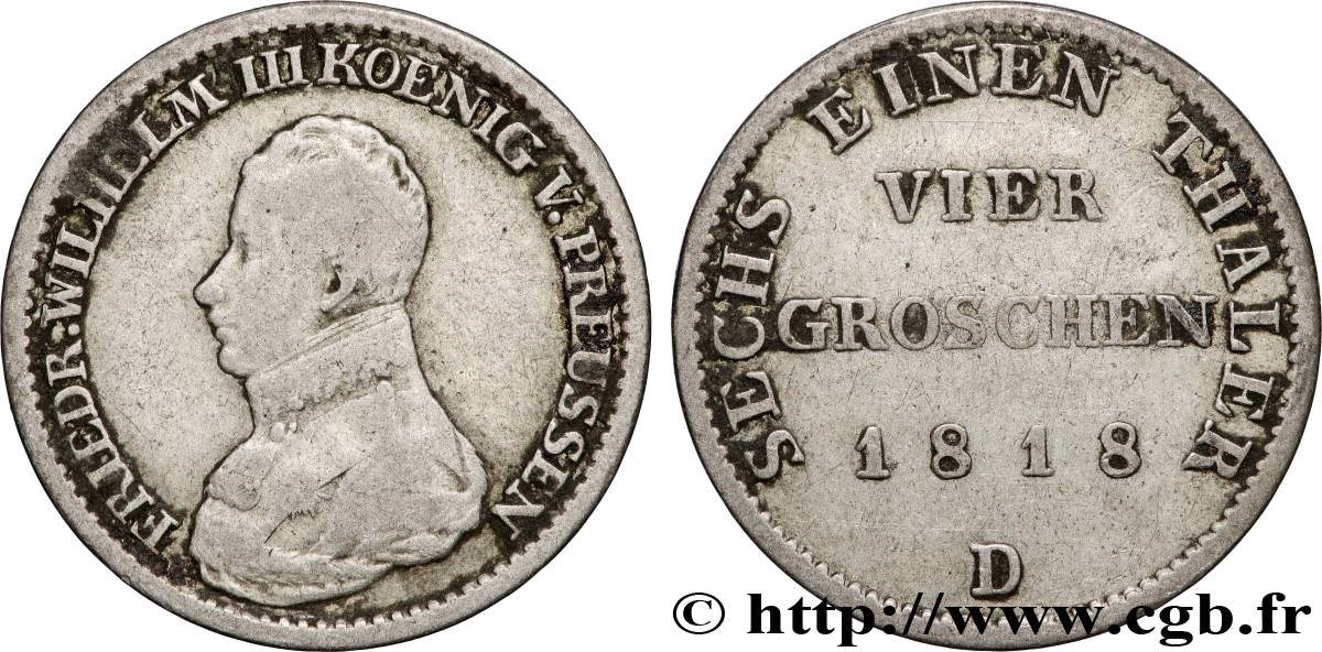 ALEMANIA - PRUSIA 1/6 Thaler (4 Groschen) Frédéric-Guillaume III 1818 Berlin BC