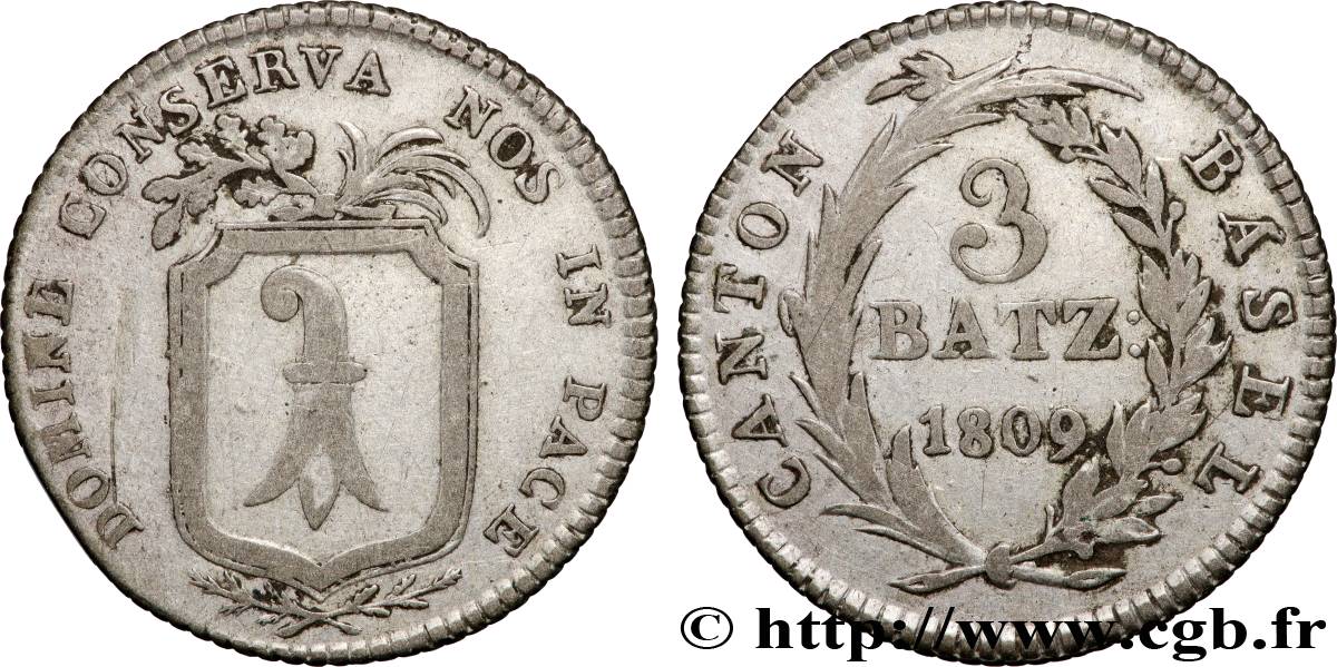 SUISSE - CONFÉDÉRATION HELVÉTIQUE - CANTON DE BÂLE 3 Batzen 1809 Bâle TTB