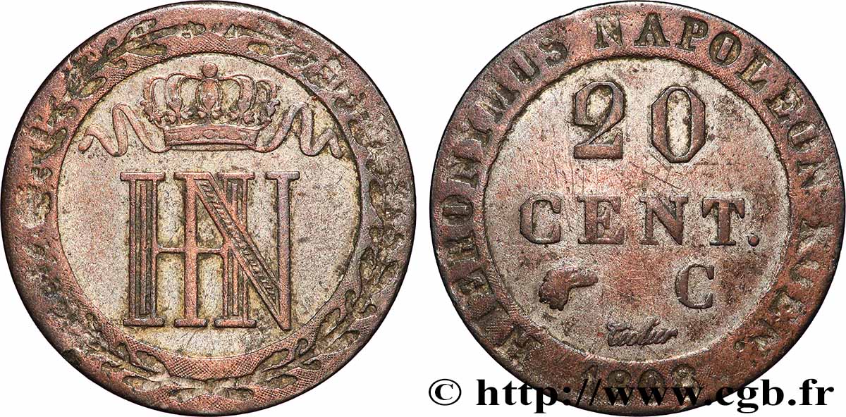 GERMANY - KINGDOM OF WESTPHALIA 20 Centimes 1808 Cassel XF