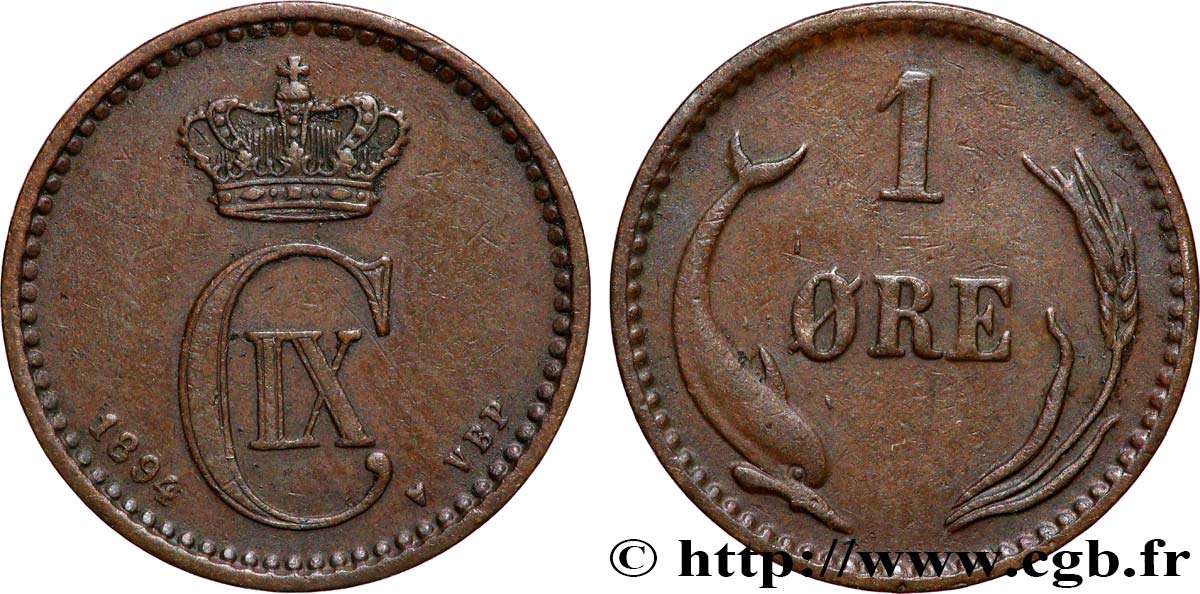 DANEMARK 1 Ore Christian IX 1894 Copenhague TTB+