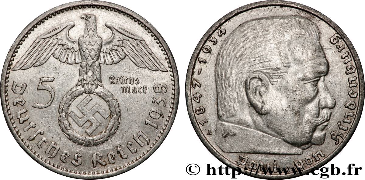 GERMANY 5 Reichsmark Maréchal Paul von Hindenburg 1938 Berlin AU