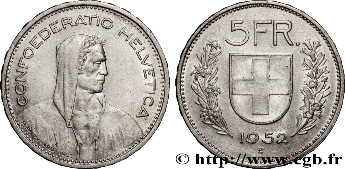 SUISSE 5 Francs Berger des alpes / bouclier suisse 1952 Berne - B TTB