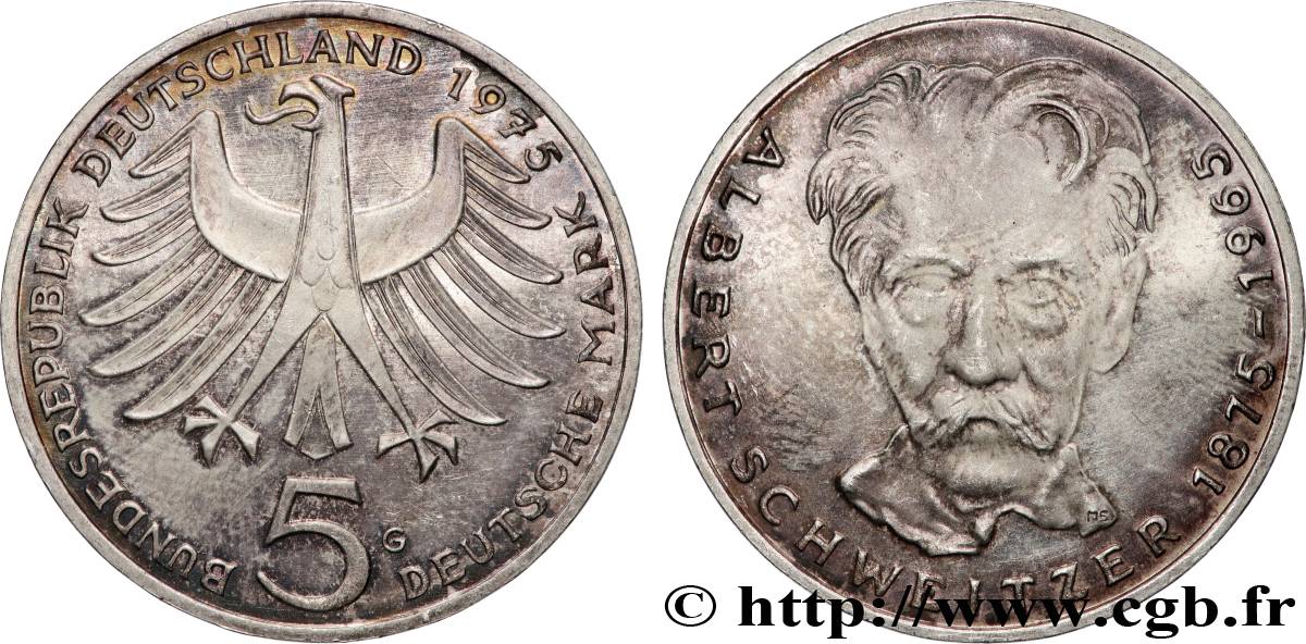 GERMANY 5 Mark Proof Albert Schweitzer 1975 Karlsruhe AU