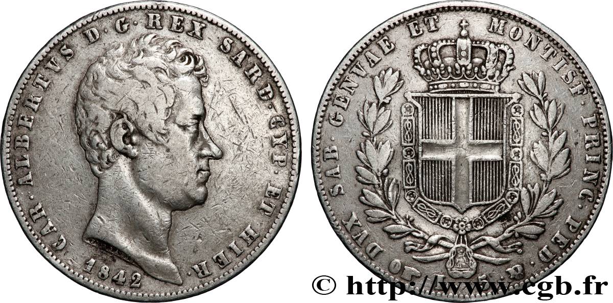 ITALY - KINGDOM OF SARDINIA - CHARLES-ALBERT 5 Lire  1842 Turin VF