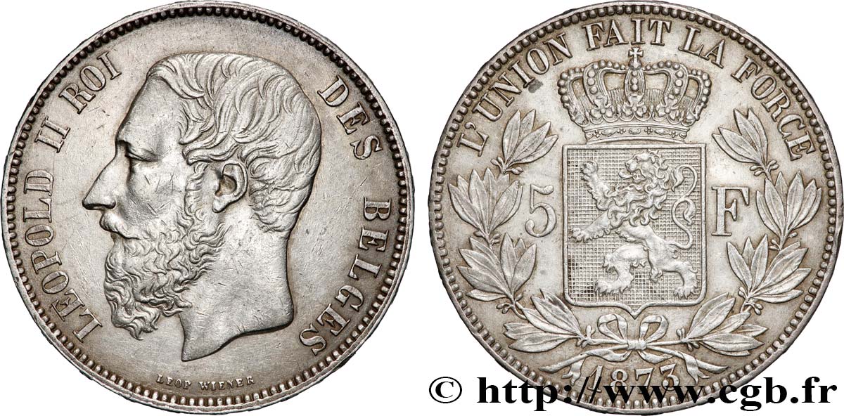 BELGIQUE - ROYAUME DE BELGIQUE - LÉOPOLD II 5 Francs 1873 TTB+