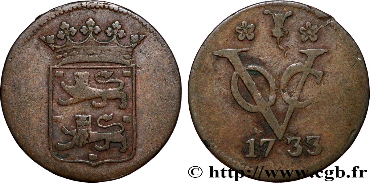NETHERLANDS INDIES 1 Duit armes de la Frise VOC 1733 VF