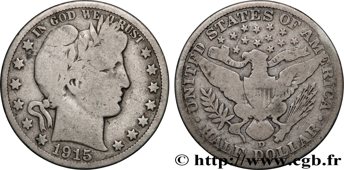 VEREINIGTE STAATEN VON AMERIKA 1/2 Dollar Barber tête “Liberté” 1915 Denver S