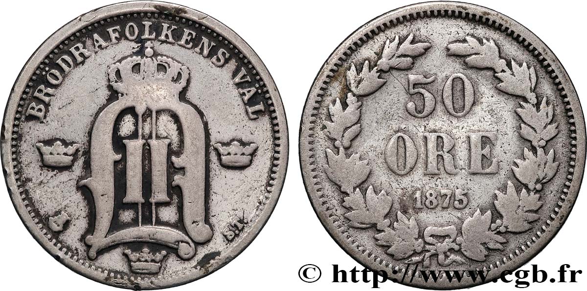SUÈDE 50 Ore Oscar II 1875 Copenhague TB