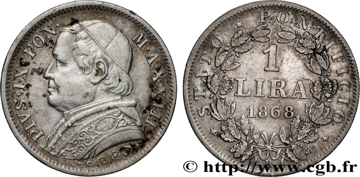 VATICAN ET ÉTATS PONTIFICAUX 1 Lira Pie IX An XXII 1868 Rome TTB