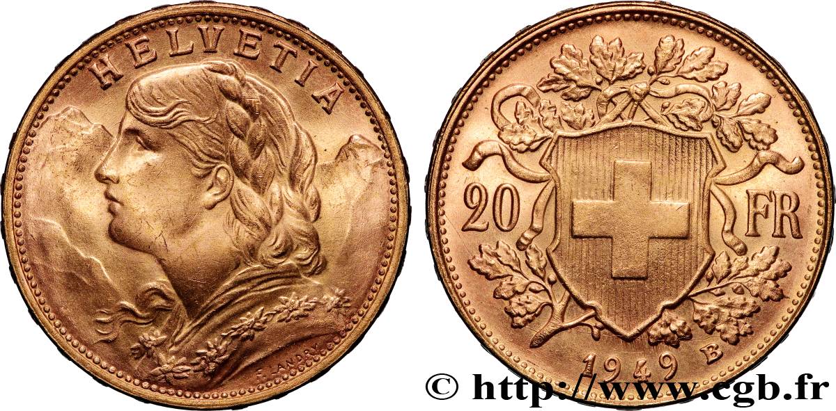 GOLD, PALLADIUM & PLATINUM INVESTMENT 20 Francs or  Vreneli  1949 Berne AU