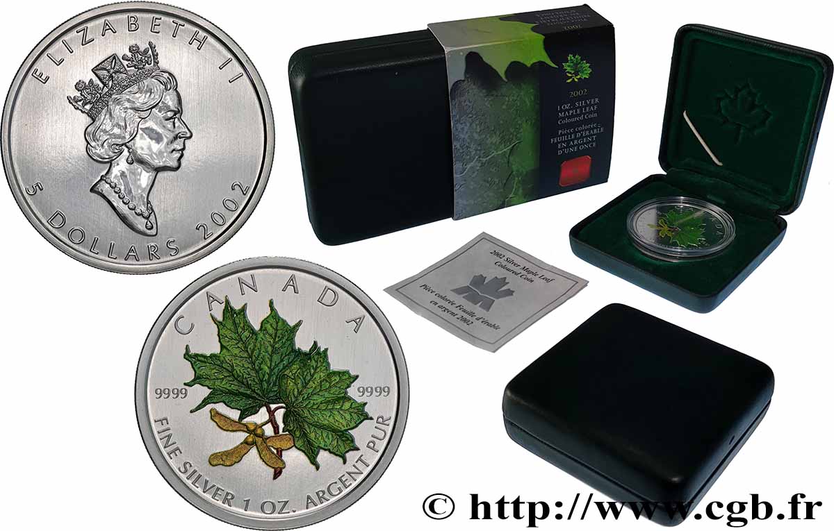 CANADA 5 Dollars (1 once) feuilles d’érables couleurs de printemps 2002 FDC