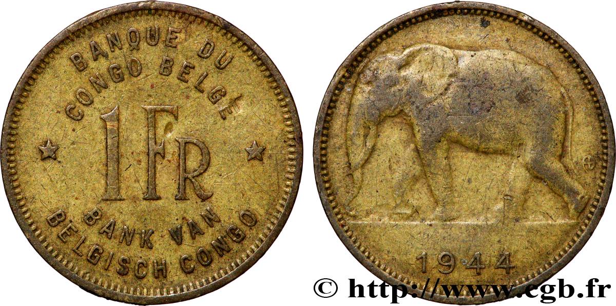 CONGO BELGE 1 Franc éléphant 1944 Pretoria TB+