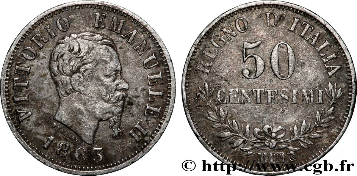 ITALIE 50 Centesimi Victor Emmanuel II 1863 Milan TTB
