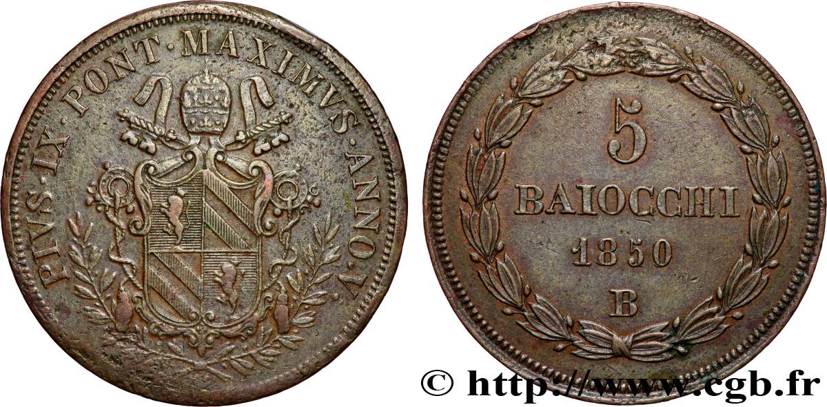 VATIKANSTAAT UND KIRCHENSTAAT 5 Baiocchi Pie IX an V 1850 Rome SS
