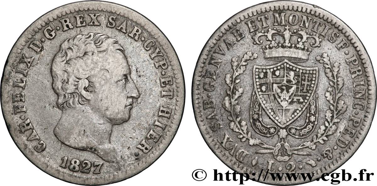 ITALIE - ROYAUME DE SARDAIGNE 2 Lire Charles-Félix  1827 Turin TTB