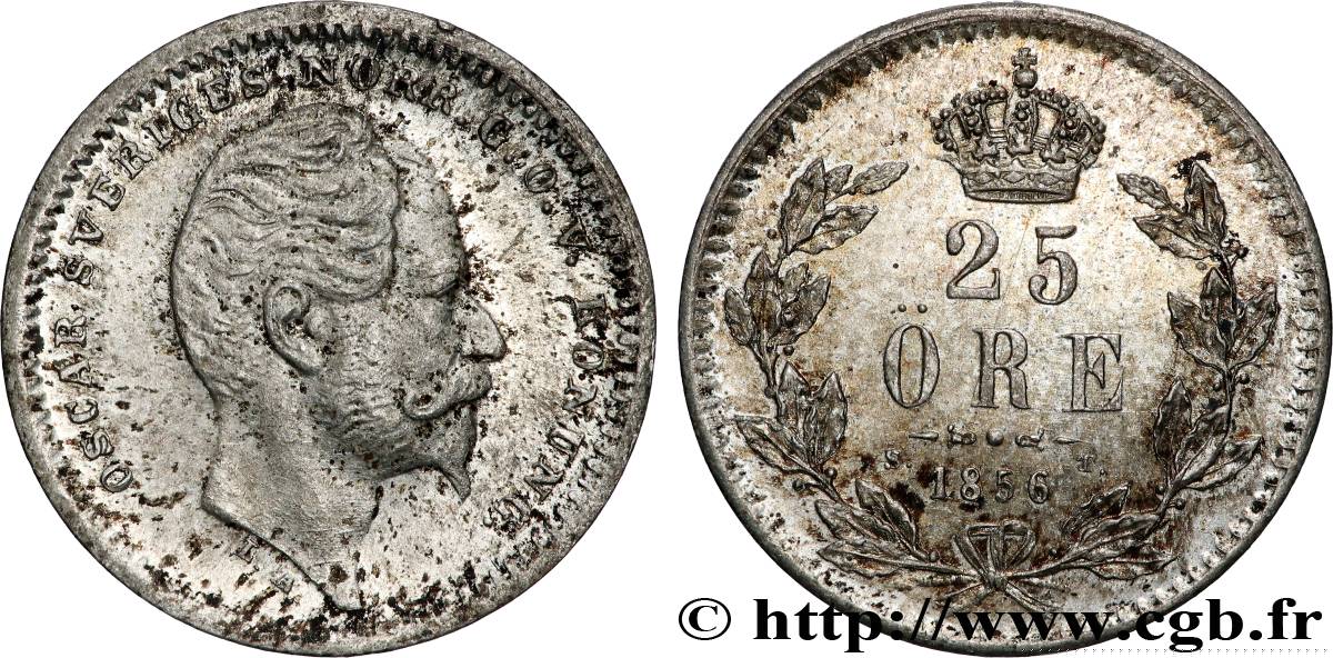 SUÈDE - ROYAUME DE SUÈDE - OSCAR Ier 25 Ore  1856  SUP
