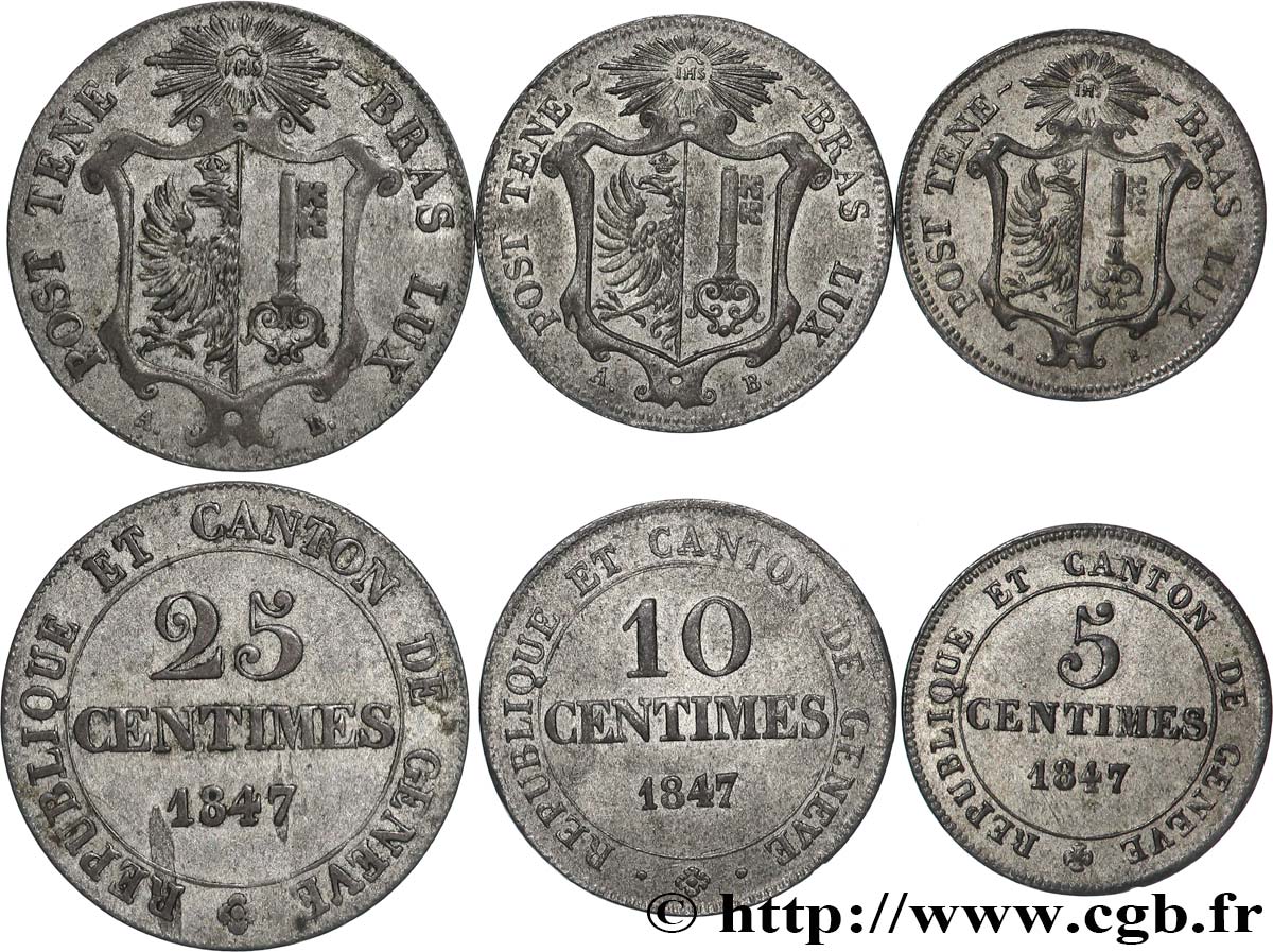 SUISSE - RÉPUBLIQUE DE GENÈVE Lot 5, 10 et 25 Centimes 1847  TTB+