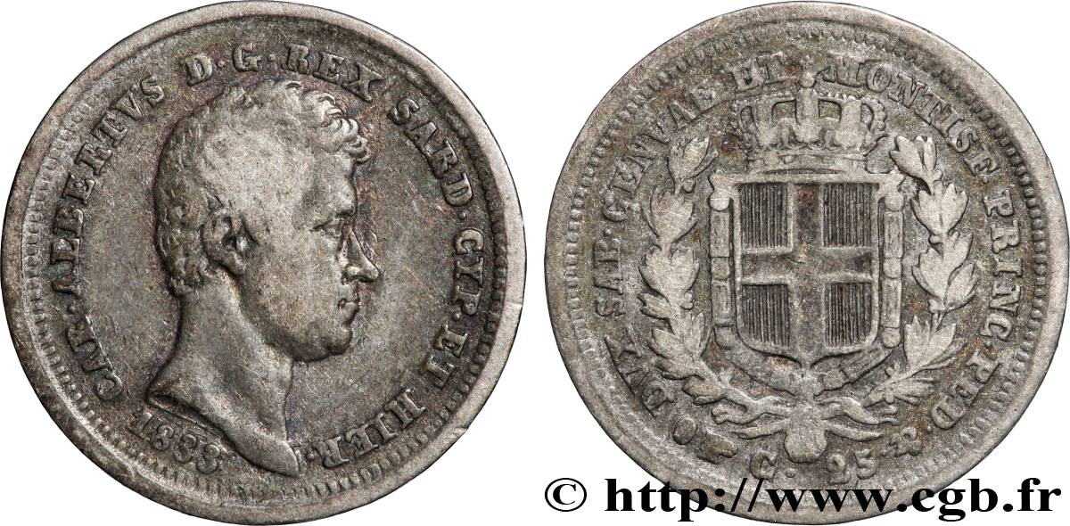 ITALIE - ROYAUME DE SARDAIGNE - CHARLES-ALBERT 25 Centesimi  1833 Turin TB+
