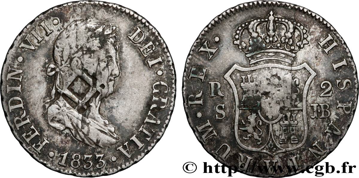 CUBA 2 Reales Contremarquée Ferdinand VII 1833 Séville BB