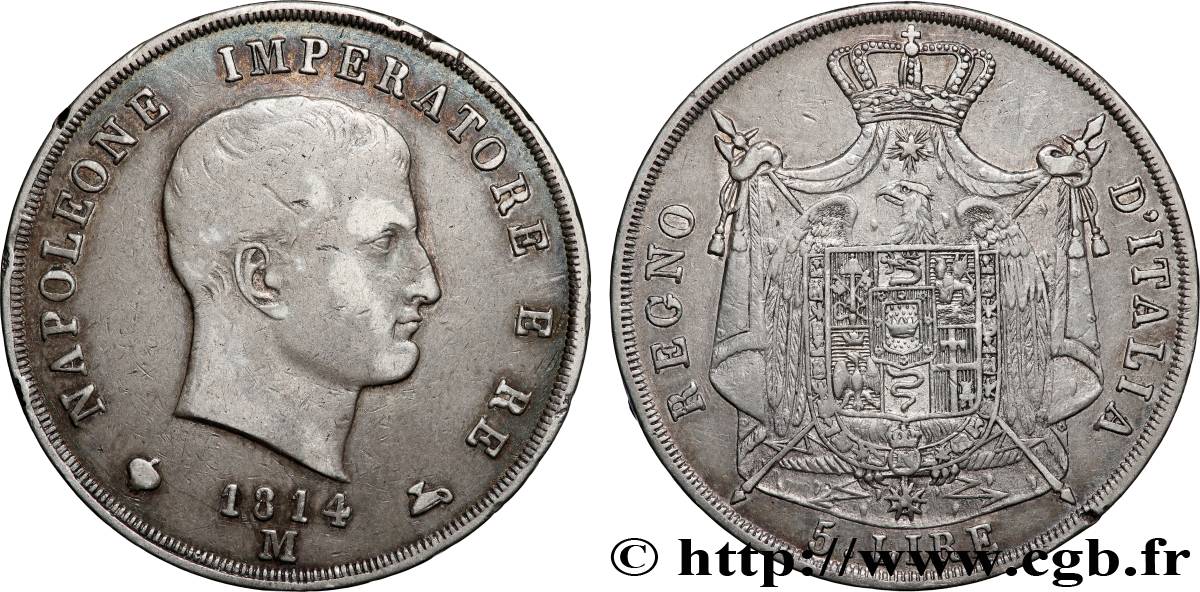 ITALIE - ROYAUME D ITALIE - NAPOLÉON Ier 5 Lire 1814 Milan TTB