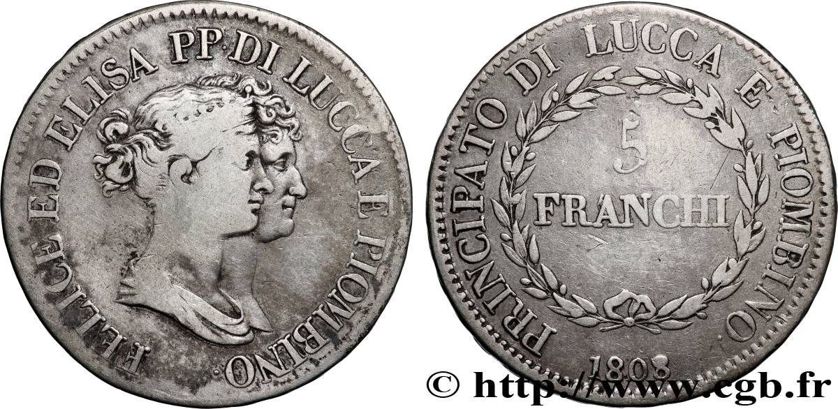 ITALIE - PRINCIPAUTÉ DE LUCQUES ET PIOMBINO - FÉLIX BACCIOCHI et ÉLISA BONAPARTE 5 Franchi  1808 Florence TB+