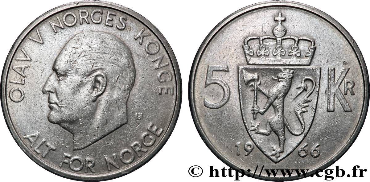 NORVÈGE 5 Kroner roi Olaf V 1966 Konsberg TTB+