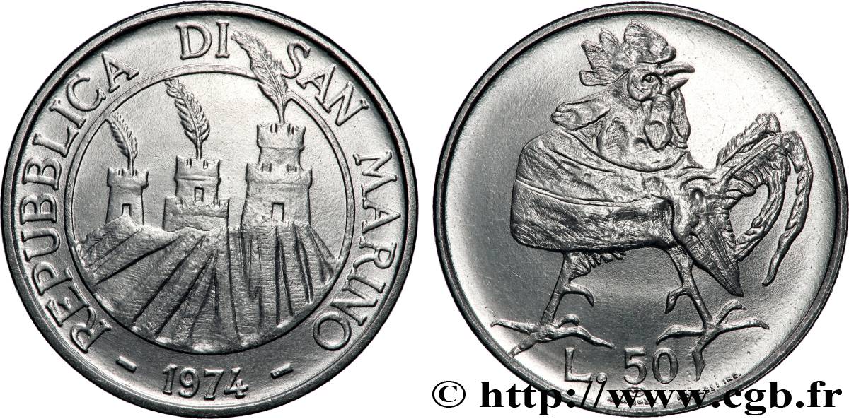 SAINT-MARIN 50 Lire vue des 3 chateaux / coq 1974 Rome SPL