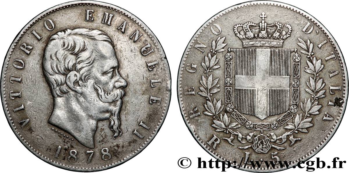 ITALIE - ROYAUME D ITALIE - VICTOR-EMMANUEL II 5 Lire  1878 Rome TTB