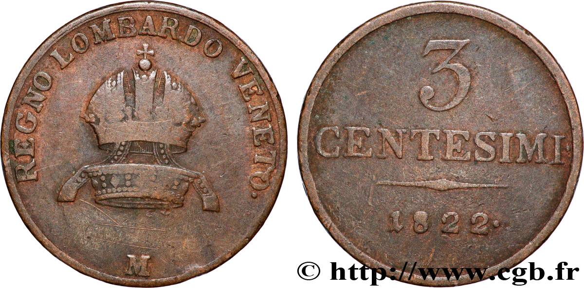 ITALY - LOMBARDY-VENETIA 3 Centesimi 1822 Milan - M VF