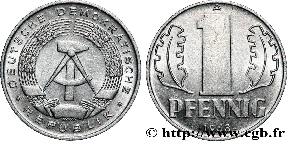 ALLEMAGNE RÉPUBLIQUE DÉMOCRATIQUE 1 Pfennig emblème de la RDA 1968 Berlin SUP