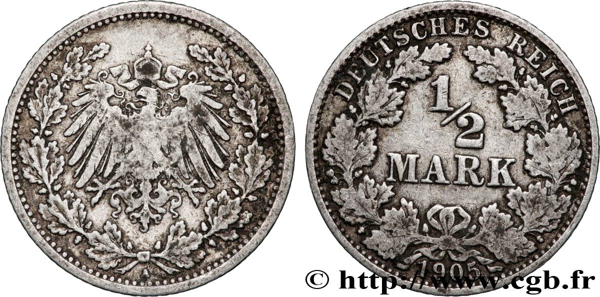 GERMANY 1/2 Mark Empire aigle impérial 1905 Berlin VF