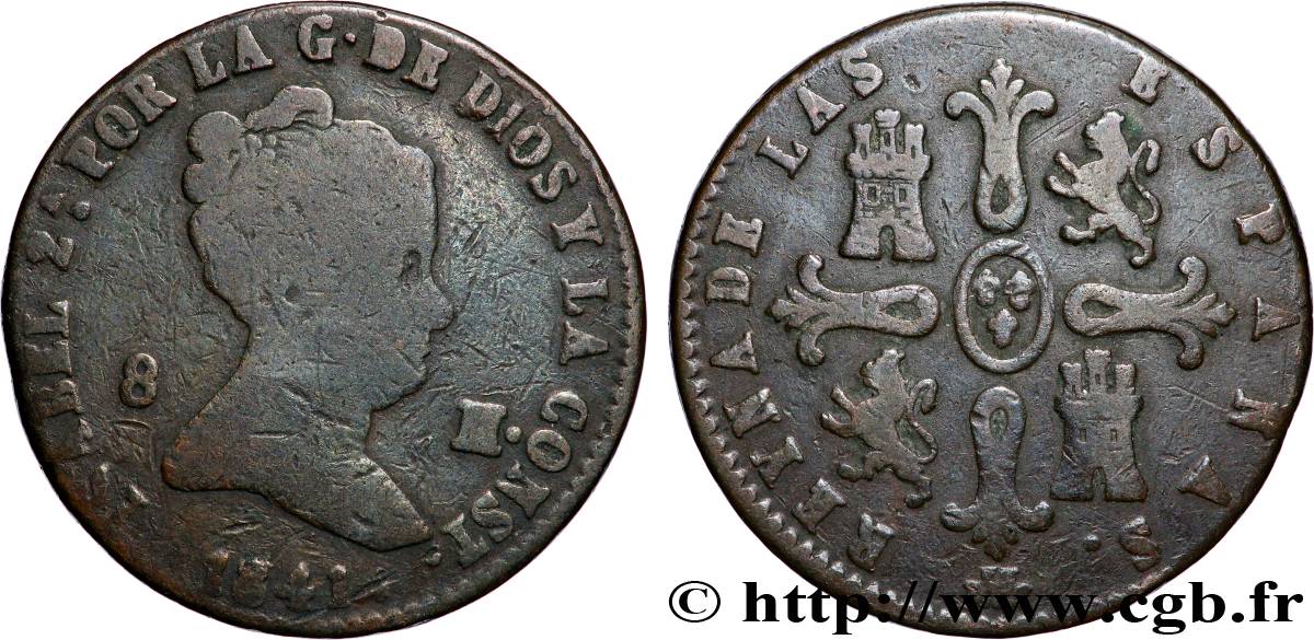 ESPAGNE 8 Maravedis Isabelle II 1841 Ségovie TB