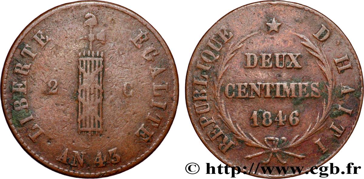 HAÏTI 2 Centimes faisceau, an 43 1846  TB