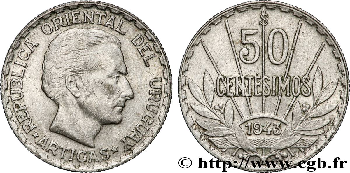 URUGUAY 50 Centimos José Gervasio Artigas 1943 Santiago TTB