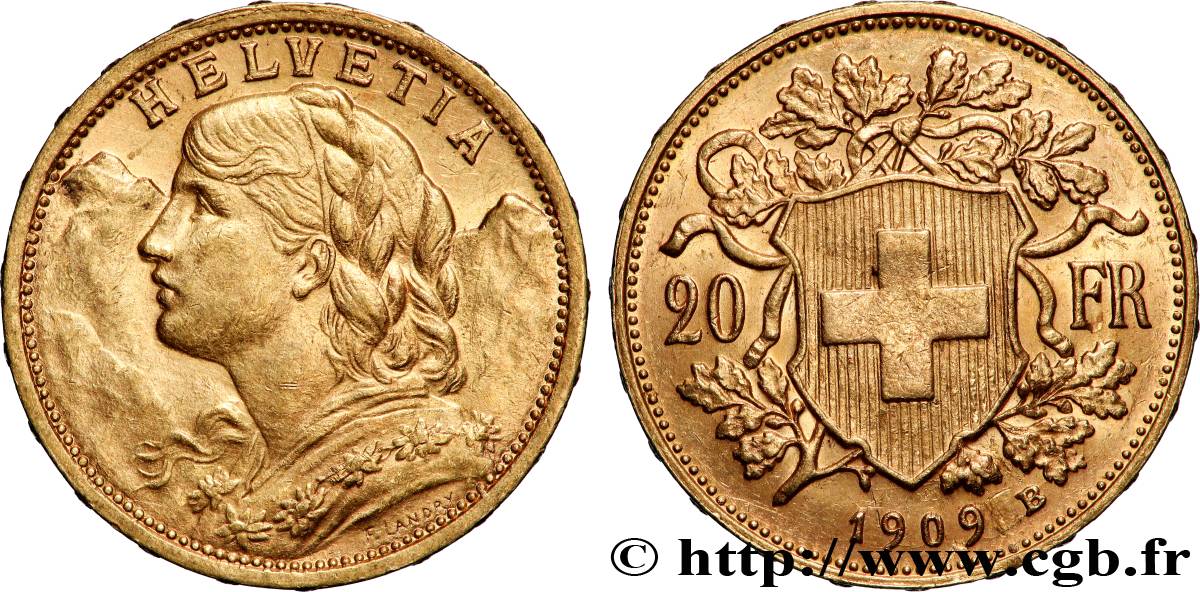 GOLD-, PALLADIUM- UND PLATIN-INVESTITIONEN 20 Francs Vreneli 1909 Berne VZ