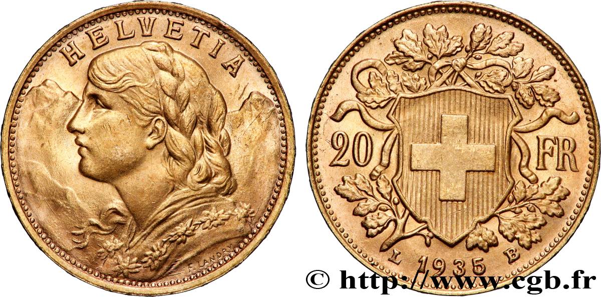 OR, PALLADIUM ET PLATINE INVESTISSEMENT 20 Francs  Vreneli  1935 Berne SUP