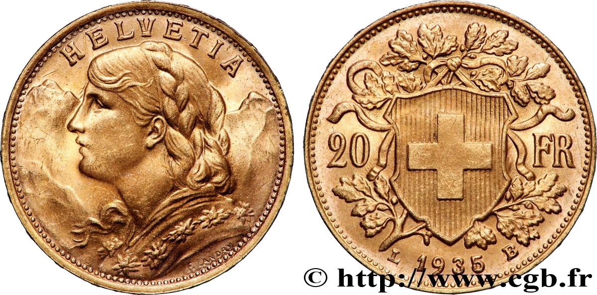 OR, PALLADIUM ET PLATINE INVESTISSEMENT 20 Francs Vreneli 1935 Berne SUP