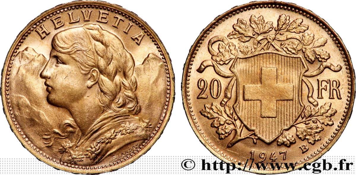 OR, PALLADIUM ET PLATINE INVESTISSEMENT 20 Francs or  Vreneli  1947 Berne SUP