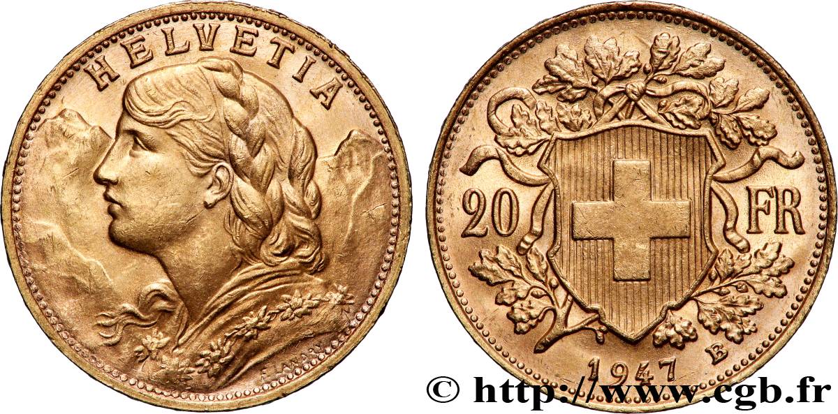 OR, PALLADIUM ET PLATINE INVESTISSEMENT 20 Francs or Vreneli 1947 Berne SUP
